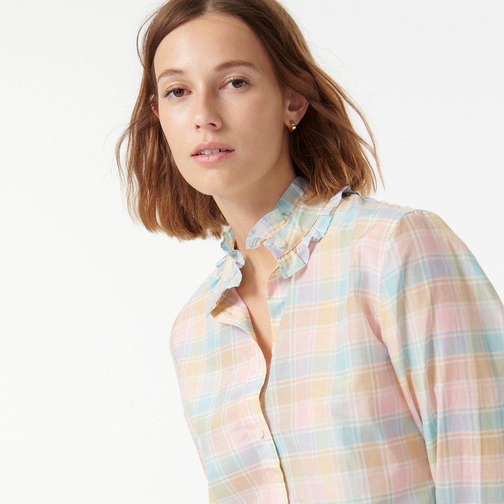 🌈 New 🌈 J Crew Classic-Fit Cotton-Silk Voile Ruffleneck Shirt in Pastel Plaid - Picture 2 of 13